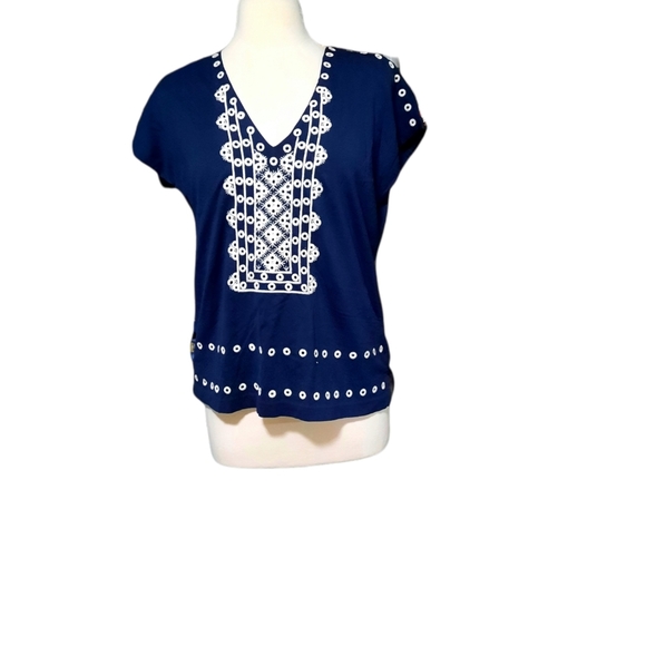J Crew Vneck Blouse Shirt S Short Sleeve Navy Blue White Embroidered Flo… - Picture 1 of 3